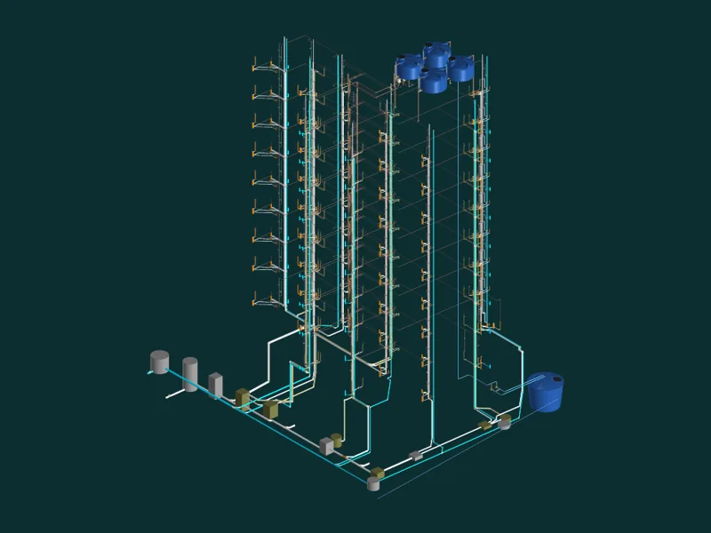 Modelo 3D das prumadas, barriletes e reservatórios de um edifício residencial em São Paulo/SP